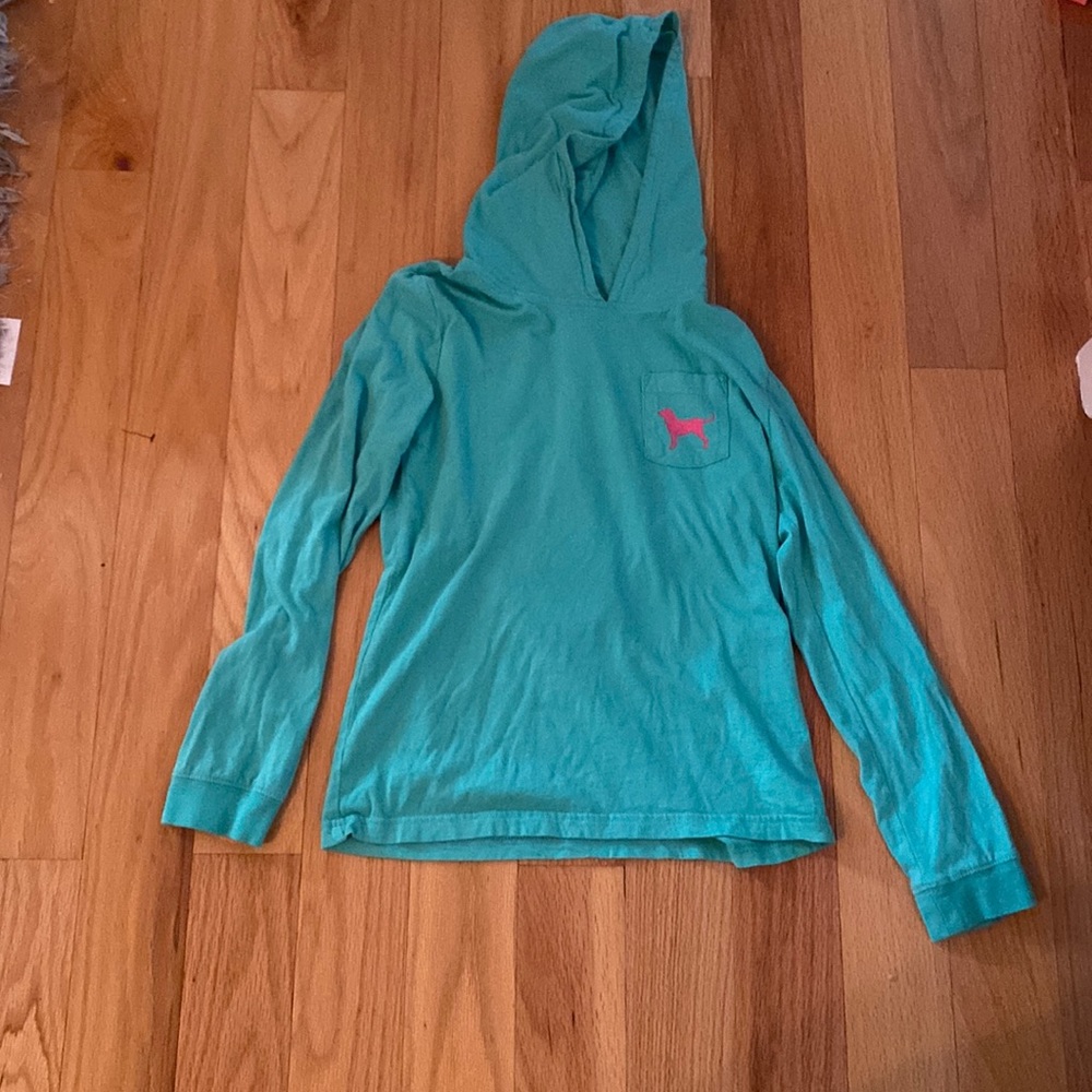 Teal and pink long sleeve hooded shirt